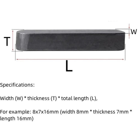 Dang Solid Steel Parallel Keys Set Of Ten with dimensions labeled, showing width, thickness, and length specifications.