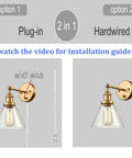 Industrial Brass Swing Arm Wall Sconces Two Pack For Headboard Bedroom And Bathroom Hardwired Or Plug In Glass Clear Lamps with On Off Rotary Switch