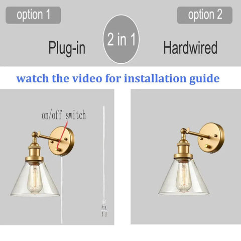 Industrial Brass Swing Arm Wall Sconces Two Pack For Headboard Bedroom And Bathroom Hardwired Or Plug In Glass Clear Lamps with On Off Rotary Switch