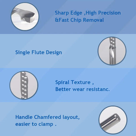 Image showing features of Down Cut Single Flute O Flute CNC Router Bit Set For Acrylic PVC MDF Wood With One Eighth Inch Cutting Diameter And One Sixteenth Inch Cutting Length Pack Of Five, including sharp edge, single flute design, spiral texture, and chamfered handle.