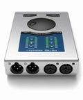 Front view of 24 Channel USB Audio Interface With 12 In 12 Out Dual Mic And Instrument Preamps SteadyClock FS, silver body