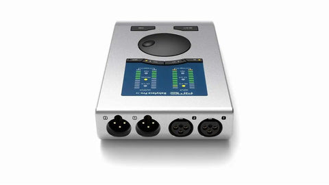 Front view of 24 Channel USB Audio Interface With 12 In 12 Out Dual Mic And Instrument Preamps SteadyClock FS, silver body