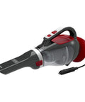 Dustbuster 12V Car Handheld Vacuum With Extra Long Nozzle And Crevice Tool Flexible Hose Sucks Up Crumbs From Between Seats Brush Attachment For Quick Cleanups Red Finish; side view showing nozzle and red elements