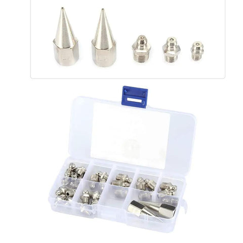 Premium Brass Zerk Grease Nipple Fitting Kit 32 Pcs M6 M8 M10 Sizes shown in plastic box with fittings