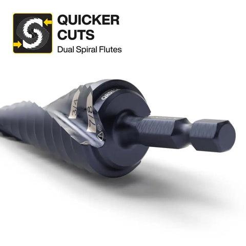 Close-up of Quick-Release Step Bit from Klein Tools QRST2S Kit, showing dual spiral flutes and hex shank for impact drills.