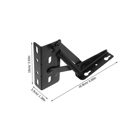 Heavy duty spring loaded sofa hinge kit with dimensions shown for DIY furniture projects, offering robust support and space-saving solutions.