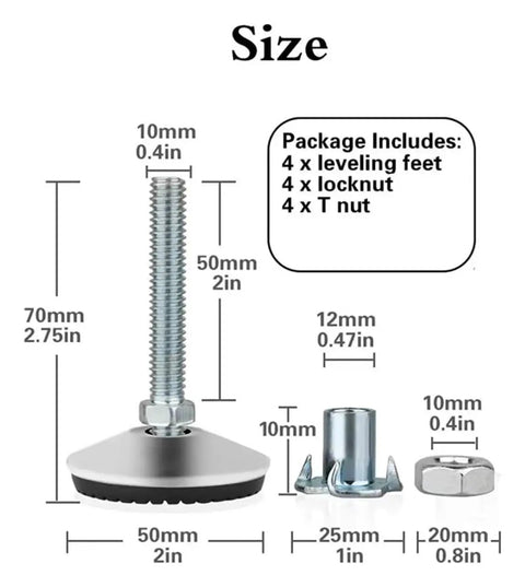 Rock Solid Furniture Leveling Feet 4 Pack Adjustable Swivel Levelers With T Nut Bolt No Sweat Setup For Cabinet Table Workbench Chair Anti Slip Trapezoid Base Built Tight Room Stabilizer size diagram with dimensions and included hardware.