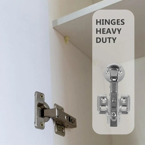Close-up of stainless steel cabinet door damper hinges with hydraulic damping no-slam soft close for kitchen cabinets and doors.