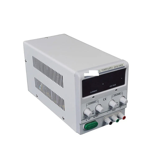 Bench Ready Three Position DC Regulated Power Supply With Adjustable Voltage And Current, Dual LED Readouts For Precise Monitoring, High Efficiency Over 80 Percent, Roughly 40 Percent Better Than Ordinary Linear Units, Temp Controlled Fan, gray metal bench unit front view