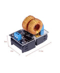 Close-up of 5 To 12 Volt DC ZVS Induction Heating Power Supply Module with Coil for DIY Electronics Projects, measured dimensions visible