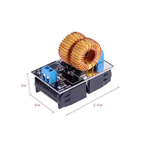 Close-up of 5 To 12 Volt DC ZVS Induction Heating Power Supply Module with Coil for DIY Electronics Projects, measured dimensions visible
