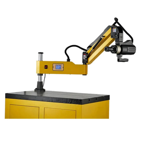 CNC Electric Tapping Machine With Chucks For M3 To M16, Automatic Threading Tool And Touch Screen Control mounted on yellow base.