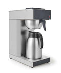 Side view of Workhorse Commercial Drip Coffee Maker With 12 Cup Capacity And 74 Ounce Thermal Carafe In Stainless Steel, Model SFCB1AA.