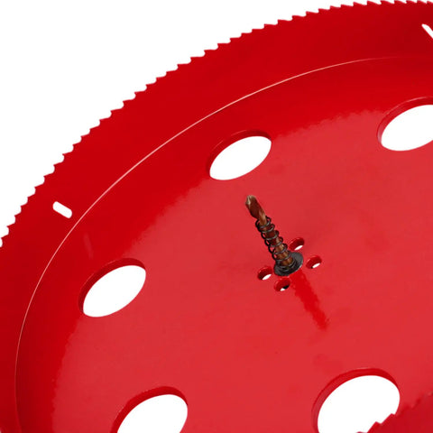 Close-up of Beast 215mm 8.46 Inch HSS Bi Metal Hole Saw Cutter with red teeth for heavy duty drilling through wood and metal