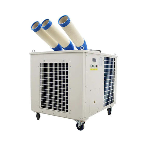No Sweat Heavy Duty Industrial Portable Air Conditioner 28900 BTU 3.15KW 220V Turbo Fan with three air ducts.