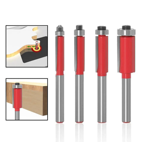 4 Piece Tungsten Carbide Flush Trim Router Bit Set With Top Bearing And Quarter Inch Shank For No Sweat Woodworking Trimming Tight Precision Edge Cutting Boss Grade Pro Shop Essential