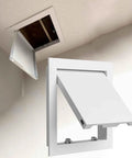 Straight Up Heavy Duty Metal Access Panel For Drywall Plumbing Repair Wall Cover Plate Push To Open Inspection Hatch No Sweat Home Reno Upgrade White 12X22 In. view showing opened white metal panel with push to open design.