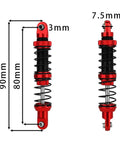 Beef Up Your 1/10 Scale RC Crawler With Threaded Adjustable Shock Absorbers, Oil Dampers And Springs, Easy Preload Tuning, Compatible With Axial SCX10 II III Capra TRX4 D90 Wraith, Red Black 80mm CNC Aluminum Bodies, front and side view with measurements.