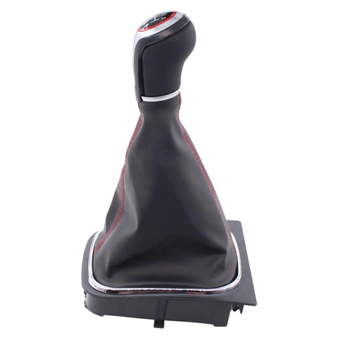 Black Leather Gear Shifter Knob Boot Cover With Red Stitching For Volkswagen Jetta 2006-2014 GTI with bracket base.