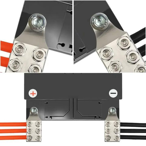 Slick Pro Grade Heavy Duty 12 Way Battery Terminal Distribution Block with M8 and M5 screw threads and connected cables.