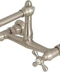Old School English Country Style Wall Mount Vessel Sink Faucet With 8 Inch Center 6 And Five Eighths Inch Spout Reach Brushed Nickel Finish