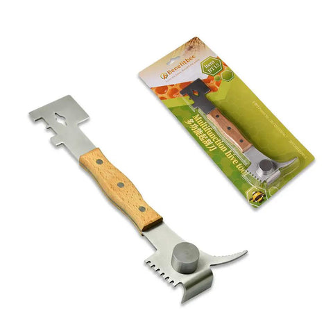 Multifunction Hive Scraper Tool With Wooden Handle For Beekeeping, durable stainless steel and beech wood, tool and packaging.