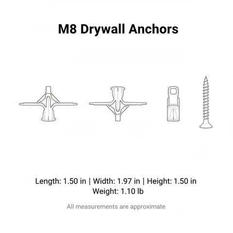 Diagram showing components of Heavy Duty M8 Drywall Anchors With Screws Kit For Hollow Walls Hassle Free Mount For Shelves And Cabinets 50 Pack Secure Hold In Drywall Ideal For Hanging Heavier Items And Home Improvement Projects.