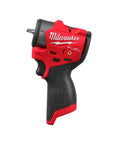 Subcompact Cordless Impact Wrench With Friction Ring harnesses 100 Ft Lbs Of Torque, featuring a sleek red and black design for easy grip.