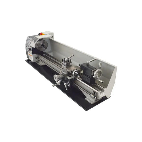 Lgxenzhuo 8 Inch Precision Metal Lathe For Benchtop Use With Brushless Motor And Adjustable Speeds Up To Twenty Two Fifty Rpm shown from the side, featuring controls and metal frame.