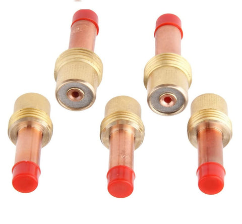 Five 45V24 TIG Gas Lens .040 Inch for WP17 WP18 WP26 Torches, shown with copper and brass bodies, red end caps.
