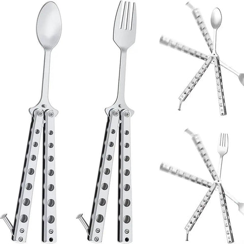 Foldable Butterfly Spork Camping Set Stainless Steel Utensils For Hiking And Backpacking Lightweight Travel Cutlery Opened and Closed