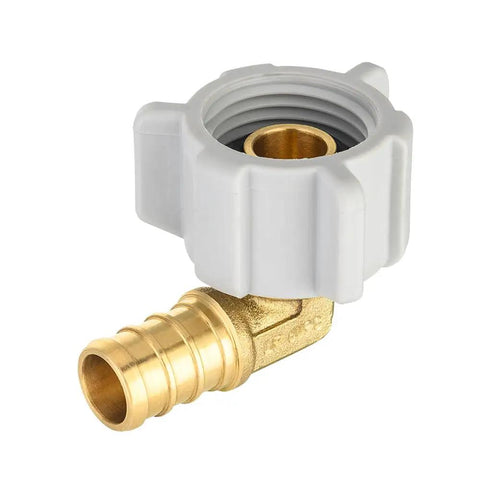 25 Pack PEX Half Inch Female NPT Swivel Elbow Brass Crimp Fittings For PEX Tubing, DIY Friendly Plumbing Adapters, Works With Clamp And Copper Ring Systems, ASTM F1807, front view