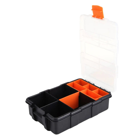 Open Two Layer Plastic Tools Organizer Box For Garage And Workshop, Heavy Duty Small Parts Storage Case with compartments visible