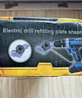 Box of Sheet Metal Cutter Drill Attachment with Serrated Wheel for Nibbler Style Cutting shown with adapter on power drill