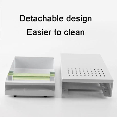 Straight Fire Heavy Duty Stainless Steel Coffee Knock Box With Deep White Drawer Smooth For Espresso Tamping Station and Used Grounds Container showing detachable design for easy cleaning.