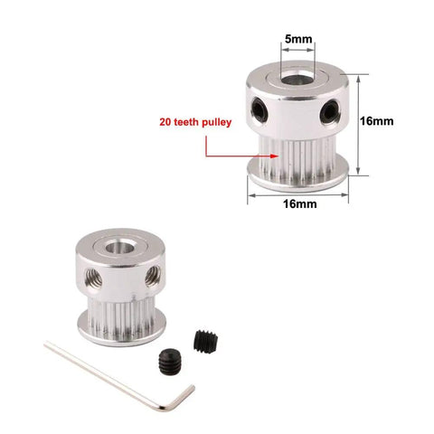 Pro Grade 2M GT2 Timing Belt Kit With 20-Tooth Aluminum Pulleys, 5mm Shafts, 2mm Pitch And 6mm Wide Rubber Belt, Includes 2 Pcs Allen Wrench For 3D Printers And CNC Machines