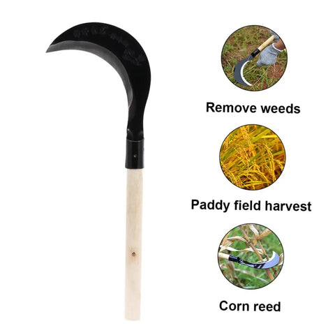 Long Handle Garden Sickle for Weeding and Cultivating Built Tough Manganese Steel Grass Cutter With Comfortable Grip One Handed Use