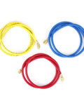 No Sweat One Point Five Meter AC Recharge Hose With Easy Turn Valves Six Hundred Psi Pressure Rated Quarter Inch Tube, red, yellow, blue hoses.