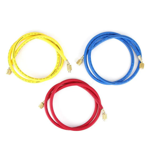 No Sweat One Point Five Meter AC Recharge Hose With Easy Turn Valves Six Hundred Psi Pressure Rated Quarter Inch Tube, red, yellow, blue hoses.