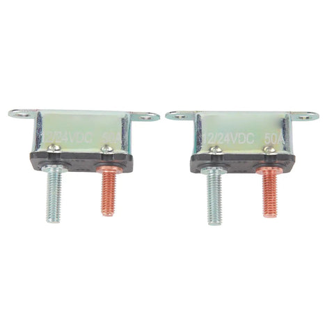 Built Tough Auto Reset Circuit Breaker 50 Amp 12V 24V Stud Bolt Mount showing two stud mount breakers with markings.