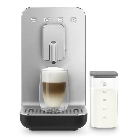 No Sweat Brewing Fully Automatic Espresso Machine With Integrated Grinder And One Touch Milk Frother For Silky Lattes Bold Shots And Ten One Tap Presets 19 Bar Pressure Compact Space Saving Matte Black with latte glass and milk container.