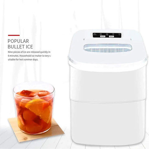 Compact Electric Ice Cube Maker Countertop Portable Machine That Blasts Ice In Six Minutes Flat With Ultra Quiet Operation on kitchen counter.