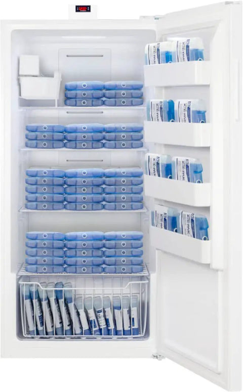 Top Tier 33 Inch Upright Freezer With Built In Icemaker And True No Frost Operation, Holds A Ton At 21 Cubic Feet open showing ice packs and adjustable shelves.