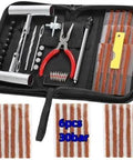 Knuckle Tough Roadside Flat Tire Repair Kit 61 Piece Set With Butyl Rubber Tread Plugs And Heavy Duty Steel Pliers For Cars Trucks And Bikes Plug And Play Quick Fixes On The Asphalt shown with tools and tire plugs in storage case.