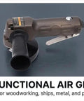 Badass Pneumatic Angle Grinder With 10000 Rpm Air Motor And 110Mm Disc For Fast Polishing Tasks Featuring No Sweat Lightweight Build And Hella Durable Pro Grade Performance For Heavy Shop Work, showing a multifunctional air grinder.