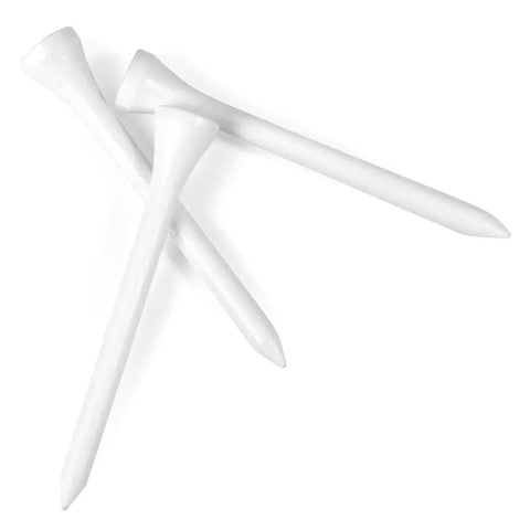 Three 2.75-inch white golf tees, precision milled hardwood, from Two And Three Quarters Inch White Golf Tees, 100 Pack for consistent drives.