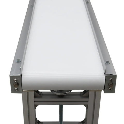 Front view of Electric PVC Belt Conveyor With Adjustable Speed, Dual Guardrails For Desktop Use, 59 Inch By 7.9 Inch, 120W, 110V, White