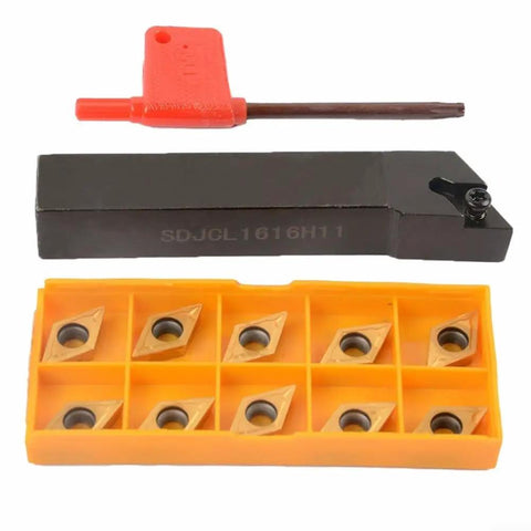 Top Tier Alloy Steel SDJCL1616H11 Lathe Turning Tool Holder with DCMT11T304 inserts, 16x16mm size, for precision metalworking.