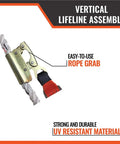 50 Foot Vertical Lifeline Assembly For Fall Protection Lanyard And Rope Grab System With Shock Absorber, rope grab and poly rope