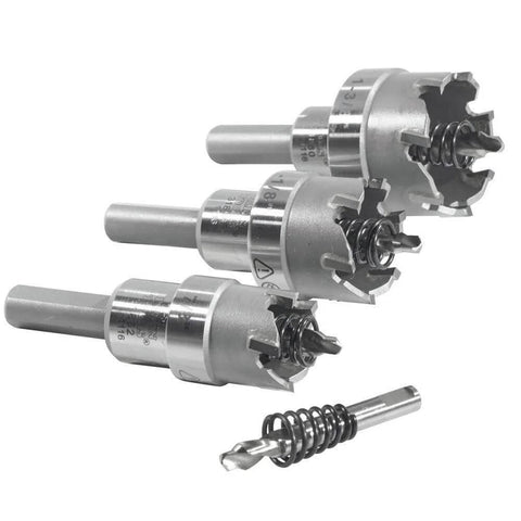 Front view of Klein Tools 31872 heavy-duty hole saw kit with carbide cutters and pilot bit, 4-piece